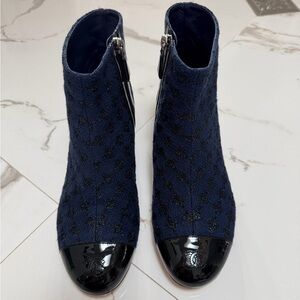 CHANEL Tweed Ankle boots with patent leather trim. Run small.